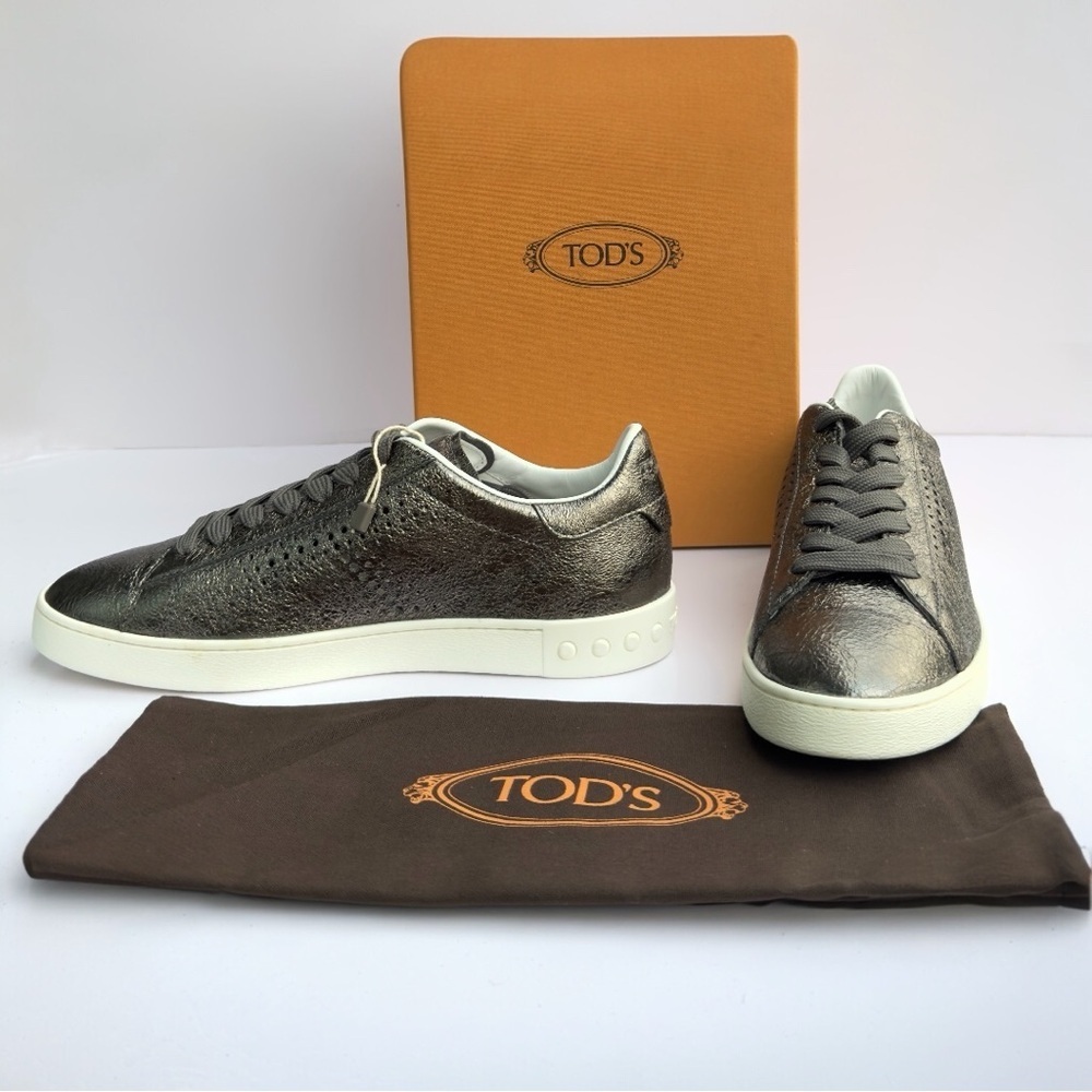 Tod's Women’s Metallic Gunmetal Silver Perforated Leather Low Top Sneakers NEW
